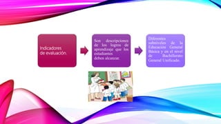 Indicadores
de evaluación.
Son descripciones
de los logros de
aprendizaje que los
estudiantes
deben alcanzar.
Diferentes
subniveles de la
Educación General
Básica y en el nivel
de Bachillerato
General Unificado.
 