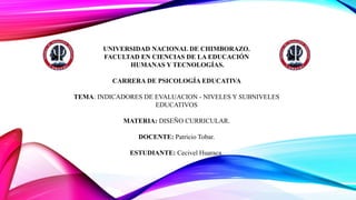 UNIVERSIDAD NACIONAL DE CHIMBORAZO.
FACULTAD EN CIENCIAS DE LA EDUCACIÓN
HUMANAS Y TECNOLOGÍAS.
CARRERA DE PSICOLOGÍA EDUCATIVA
TEMA: INDICADORES DE EVALUACION - NIVELES Y SUBNIVELES
EDUCATIVOS
MATERIA: DISEÑO CURRICULAR.
DOCENTE: Patricio Tobar.
ESTUDIANTE: Cecivel Huaraca.
 