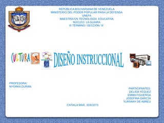REPÚBLICA BOLIVARIANA DE VENEZUELA
MINISTERIO DEL PODER POPULAR PARA LA DEFENSA
UNEFA
MAESTRÍA EN TECNOLOGÍA EDUCATIVA
NÚCLEO LA GUAIRA
III TÉRMINO / SECCIÓN “A”
PARTICIPANTES:
DELIDA YEGUEZ
EMMA FIGUEROA
JOSEFINA GARCÍA
YURVANY DE ABREU
PROFESORA:
NYORKA DURAN
CATIALA MAR, 30/6/2015
 
