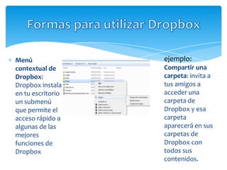 Menú               ejemplo:
contextual de      Compartir una
Dropbox:           carpeta: invita a
Dropbox instala    tus amigos a
en tu escritorio   acceder una
un submenú         carpeta de
que permite el     Dropbox y esa
acceso rápido a    carpeta
algunas de las     aparecerá en sus
mejores            carpetas de
funciones de       Dropbox con
Dropbox            todos sus
                   contenidos.
 