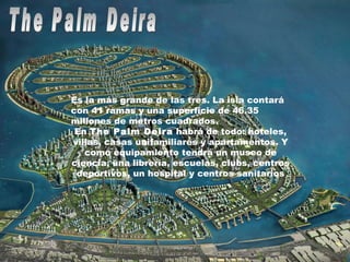The Palm Deira Es la más grande de las tres. La isla contará con 41 ramas y una superficie de 46.35 millones de metros cuadrados. En  The Palm Deira  habrá de todo: hoteles, villas, casas unifamiliares y apartamentos. Y como equipamiento tendrá un museo de ciencia, una librería, escuelas, clubs, centros deportivos, un hospital y centros sanitarios 