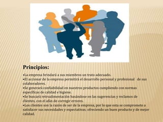 Principios:
•La empresa brindará a sus miembros un trato adecuado.
•El accionar de la empresa permitirá el desarrollo personal y profesional de sus
colaboradores.
•Se generará confiabilidad en nuestros productos cumpliendo con normas
específicas de calidad e higiene.
•Se buscará retroalimentación basándose en las sugerencias y reclamos de
clientes, con el afán de corregir errores.
•Los clientes son la razón de ser de la empresa, por lo que esta se compromete a
satisfacer sus necesidades y expectativas; ofreciendo un buen producto y de mejor
calidad.
 