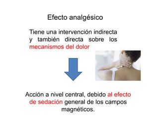 Efecto analgésico

 Tiene una intervención indirecta
 y también directa sobre los
 mecanismos del dolor




Acción a nivel central, debido al efecto
 de sedación general de los campos
             magnéticos.
 