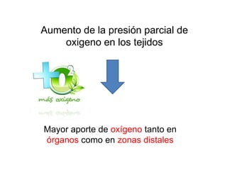 Aumento de la presión parcial de
    oxigeno en los tejidos




Mayor aporte de oxígeno tanto en
órganos como en zonas distales
 