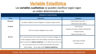 •(o numérica): variables
que toman valores
numéricos.
Ejemplos: Número de
casas (1, 2,…)
•Edad (12,5; 24,3; 35;…)
 CUANTITATIVA
Fuente: http://www.universoformulas.com/estadistica/descriptiva/variables-estadisticas/
Las variables cualitativas se pueden clasificar según sigan
un orden determinado o no
 