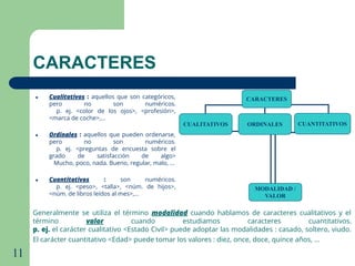 11
CARACTERES
● Cualitativos : aquellos que son categóricos,
pero no son numéricos.
p. ej. <color de los ojos>, <profesión>,
<marca de coche>,...
● Ordinales : aquellos que pueden ordenarse,
pero no son numéricos.
p. ej. <preguntas de encuesta sobre el
grado de satisfacción de algo>
Mucho, poco, nada. Bueno, regular, malo, ...
● Cuantitativos : son numéricos.
p. ej. <peso>, <talla>, <núm. de hijos>,
<núm. de libros leídos al mes>,...
CUANTITATIVOS
CARACTERES
CUALITATIVOS ORDINALES
MODALIDAD /
VALOR
Generalmente se utiliza el término modalidad cuando hablamos de caracteres cualitativos y el
término valor cuando estudiamos caracteres cuantitativos.
p. ej. el carácter cualitativo <Estado Civil> puede adoptar las modalidades : casado, soltero, viudo.
El carácter cuantitativo <Edad> puede tomar los valores : diez, once, doce, quince años, ...
 