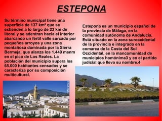 ESTEPONA
Estepona es un municipio español de
la provincia de Málaga, en la
comunidad autónoma de Andalucía.
Está situado en la zona suroccidental
de la provincia e integrado en la
comarca de la Costa del Sol
Occidental, en la mancomunidad de
municipios homónima3 y en el partido
judicial que lleva su nombre.4
Su término municipal tiene una
superficie de 137 km² que se
extienden a lo largo de 23 km de
litoral y se adentran hacia el interior
abarcando un fértil valle surcado por
pequeños arroyos y una zona
montañosa dominada por la Sierra
Bermeja, que alanza los 1.449 msnm
en el pico de Los Reales. La
población del municipio supera los
65.000 habitantes censados y se
caracteriza por su composición
multicultural.
 
