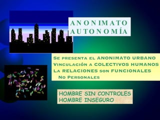 ANONIMATO AUTONOMÍA Se presenta el ANONIMATO URBANO  Vinculación a COLECTIVOS HUMANOS La RELACIONES son FUNCIONALES No Personales HOMBRE SIN CONTROLES HOMBRE INSEGURO 