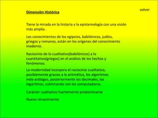 Tiene la mirada en la historia y la epistemología con una visión más amplia . Raciocinio de lo cualitativo(babilónicos) a lo cuantitativo(griegos) en el análisis de los hechos y fenómenos. Los conocimientos de los egipcios, babilónicos, judíos, griegos y romanos, están en los orígenes del conocimiento moderno. Dimensión Histórica La modernidad incorpora el raciocinio cualitativo, posiblemente gracias a la aritmética, los algoritmos indo-arábigos, posteriormente los decimales, los logaritmos, culminando con los computadoras.  Carácter cualitativo fuertemente predominante Nuevo renacimiento volver 
