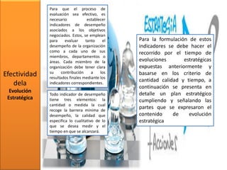 Efectividad
dela
Evolución
Estratégica
Para que el proceso de
evaluación sea efectivo, es
necesario establecer
indicadores de desempeño
asociados a los objetivos
negociados. Estos, se emplean
para evaluar tanto el
desempeño de la organización
como a cada uno de sus
miembros, departamentos o
áreas. Cada miembro de la
organización debe tener clara
su contribución a los
resultados finales mediante los
indicadores correspondientes.
Todo indicador de desempeño
tiene tres elementos: la
cantidad o medida la cual
recoge la barrera mínima de
desempeño, la calidad que
especifica lo cualitativo de lo
que se desea medir y el
tiempo en que se alcanzará.
Para la formulación de estos
indicadores se debe hacer el
recorrido por el tiempo de
evoluciones estratégicas
expuestas anteriormente y
basarse en los criterio de
cantidad calidad y tiempo, a
continuación se presenta en
detalle un plan estratégico
cumpliendo y señalando las
partes que se expresaron el
contenido de evolución
estratégica
 