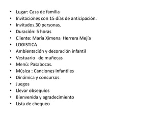 • Lugar: Casa de familia
• Invitaciones con 15 días de anticipación.
• Invitados.30 personas.
• Duración: 5 horas
• Cliente: María Ximena Herrera Mejía
• LOGISTICA
• Ambientación y decoración infantil
• Vestuario de muñecas
• Menú: Pasabocas.
• Música : Canciones infantiles
• Dinámica y concursos
• Juegos
• Llevar obsequios
• Bienvenida y agradecimiento
• Lista de chequeo
 