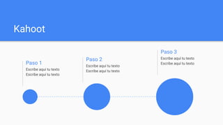 Kahoot
Paso 1
Escribe aquí tu texto
Escribe aquí tu texto
Paso 2
Escribe aquí tu texto
Escribe aquí tu texto
Paso 3
Escribe aquí tu texto
Escribe aquí tu texto
 