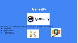 Herramienta que permite crear contenidos interactivos animados de forma fácil:
● Infografías
● Gamificación
● Presentaciones
● Mapas mentales
Geneally
Nombre del
integrante 4
o
 