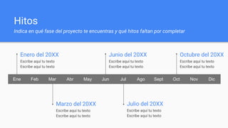 Junio del 20XX
Hitos
Indica en qué fase del proyecto te encuentras y qué hitos faltan por completar
Enero del 20XX
Escribe aquí tu texto
Escribe aquí tu texto
Marzo del 20XX
Escribe aquí tu texto
Escribe aquí tu texto
Escribe aquí tu texto
Escribe aquí tu texto
Julio del 20XX
Escribe aquí tu texto
Escribe aquí tu texto
Octubre del 20XX
Escribe aquí tu texto
Escribe aquí tu texto
Ene Feb Mar Abr May Jun Jul Ago Sept Oct Nov Dic
 