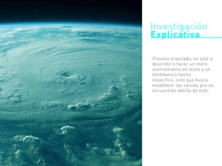 Investigación
Explicativa
Proceso orientado, no sólo a
describir o hacer un mero
acercamiento en torno a un
fenómeno o hecho
específico, sino que busca
establecer las causas que se
encuentran detrás de éste.
 