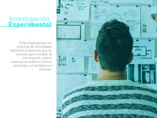 Investigación
Experimental
Está integrada por un
conjunto de actividades
metódicas y técnicas que se
realizan para recabar la
información y datos
necesarios sobre el tema a
investigar y el problema a
resolver.
 