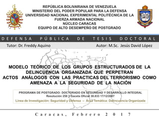 REPÚBLICA BOLIVARIANA DE VENEZUELA
MINISTERIO DEL PODER POPULAR PARA LA DEFENSA
UNIVERSIDAD NACIONAL EXPERIMENTAL POLITÉCNICA DE LA
FUERZA ARMADA NACIONAL
NÚCLEO CARACAS
EQUIPO DE ALTO DESEMPEÑO DE POSTGRADO
Tutor: Dr. Freddy Aquino Autor: M.Sc. Jesús David López
D E F E N S A P Ú B L I C A D E T E S I S D O C T O R A L
C a r a c a s , F e b r e r o 2 0 1 7
MODELO TEÓRICO DE LOS GRUPOS ESTRUCTURADOS DE LA
DELINCUENCIA ORGANIZADA QUE PERPETRAN
ACTOS ANÁLOGOS CON LAS PRACTICAS DEL TERRORISMO COMO
AMENAZA A LA SEGURIDAD DE LA NACIÓN
PROGRAMA DE POSTGRADO: DOCTORADO EN SEGURIDAD Y DESARROLLO INTEGRAL
Resolución 258 3 Gaceta Oficial 38.833 17/12/2007
Línea de Investigación: Seguridad y Defensa – Área Temática: Delincuencia Organizada
 