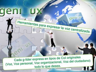 Herramientas para expresar la voz centralizada.Cada g-líder expresa en tipos de CoI originales (Voz, Voz personal, Voz organizacional, Voz del ciudadano) todo lo que desea. 