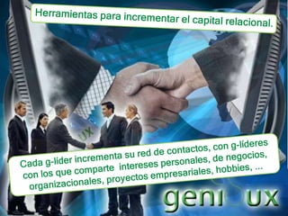 Herramientas para incrementar el capital relacional.Cada g-líder incrementa su red de contactos, con g-líderes con los que comparte  intereses personales, de negocios, organizacionales, proyectos empresariales, hobbies, ... 