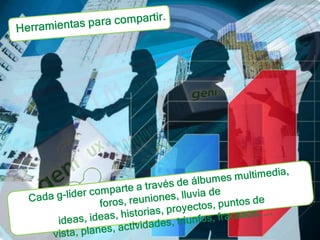 Herramientas para compartir.Cada g-líder comparte a través de álbumes multimedia, foros, reuniones, lluvia de ideas, ideas, historias, proyectos, puntos de vista, planes, actividades, triunfos, fracasos, ... 