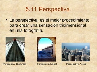 5.11 Perspectiva
• La perspectiva, es el mejor procedimiento
para crear una sensación tridimensional
en una fotografía.

Perspectiva Dinámica

Perspectiva Lineal

Perspectiva Aérea

 
