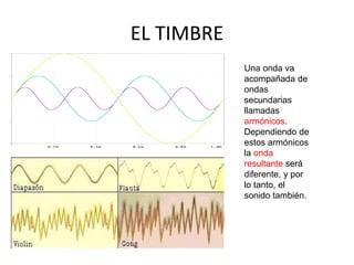 EL TIMBRE
Una onda va
acompañada de
ondas
secundarias
llamadas
armónicos.
Dependiendo de
estos armónicos
la onda
resultante será
diferente, y por
lo tanto, el
sonido también.
 