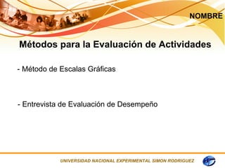NOMBRE


Métodos para la Evaluación de Actividades

- Método de Escalas Gráficas



- Entrevista de Evaluación de Desempeño




            UNIVERSIDAD NACIONAL EXPERIMENTAL SIMON RODRIGUEZ
 