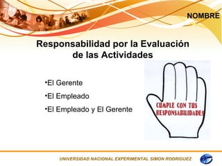NOMBRE


Responsabilidad por la Evaluación
      de las Actividades

 •El Gerente
 •El Empleado
 •El Empleado y El Gerente




     UNIVERSIDAD NACIONAL EXPERIMENTAL SIMON RODRIGUEZ
 