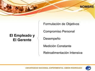 NOMBRE




                       Formulación de Objetivos

                       Compromiso Personal
El Empleado y
  El Gerente           Desempeño

                       Medición Constante

                       Retroalimentación Intensiva



        UNIVERSIDAD NACIONAL EXPERIMENTAL SIMON RODRIGUEZ
 