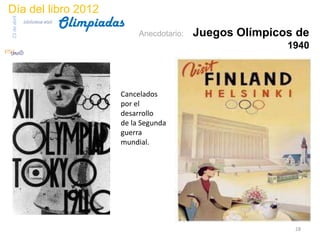 Día del libro 2012
                                 Olimpiadas
23 de abril
              biblioteca etsit

                                               Anecdotario:   Juegos Olímpicos de
                                                                             1940



                                          Cancelados
                                          por el
                                          desarrollo
                                          de la Segunda
                                          guerra
                                          mundial.




                                                                              28
 