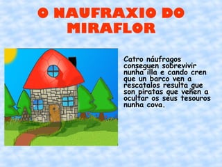 O NAUFRAXIO DO
   MIRAFLOR

        Catro náufragos
        conseguen sobrevivir
        nunha illa e cando cren
        que un barco ven a
        rescatalos resulta que
        son piratas que veñen a
        ocultar os seus tesouros
        nunha cova.
 