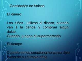 Cantidades no físicas
El dinero
Los niños utilizan el dinero, cuando
van a la tienda y compran algún
dulce.
Cuando juegan al supermercado
El tiempo
Cuando se les cuestiona ha cerca dela
fecha de su cumple años
 