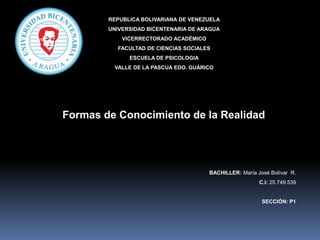BACHILLER: María José Bolívar R.
C.I: 25.749.539
SECCIÓN: P1
REPUBLICA BOLIVARIANA DE VENEZUELA
UNIVERSIDAD BICENTENARIA DE ARAGUA
VICERRECTORADO ACADÉMICO
FACULTAD DE CIENCIAS SOCIALES
ESCUELA DE PSICOLOGIA
VALLE DE LA PASCUA EDO. GUÁRICO
Formas de Conocimiento de la Realidad
 