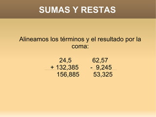 SUMAS Y RESTAS Alineamos los términos y el resultado por la coma: 24,5   62,57 + 132,385 -  9,245 156,885  53,325 