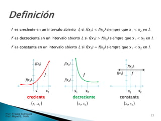 f es creciente en un intervalo abierto l, si f(x1) < f(x2) siempre que x1 < x2 en l.
f es decreciente en un intervalo abierto l, si f(x1) > f(x2) siempre que x1 < x2 en l.
f es constante en un intervalo abierto l, si f(x1) = f(x2) siempre que x1 < x2 en l.
creciente decreciente
x1 x2
f
f(x2)
f(x1)
x1 x2
f
f(x2)
f(x1)
constante
 21, xx  21, xx  21, xx
x1 x2
f
f(x2)
f(x1)
23
Prof. Fredes Rodríguez
Prof. Miguel L. Colón
 
