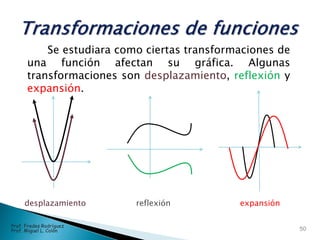 Se estudiara como ciertas transformaciones de
una función afectan su gráfica. Algunas
transformaciones son desplazamiento, reflexión y
expansión.
desplazamiento reflexión expansión
50
Prof. Fredes Rodríguez
Prof. Miguel L. Colón
 