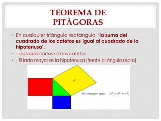 TEOREMA DE
PITÁGORAS
• En cualquier triángulo rectángulo ‘la suma del
cuadrado de los catetos es igual al cuadrado de la
hipotenusa’.
• - Los lados cortos son los catetos
• - El lado mayor es la hipotenusa (frente al ángulo recto)
 