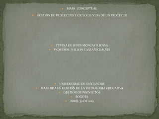  MAPA CONCEPTUAL
GESTIÓN DE PROYECTOS Y CICLO DE VIDA DE UN PROYECTO
TERESA DE JESUS MONCAYO JOSSA
PROFESOR: WILSON CASTAÑO GALVIS
UNIVERSIDAD DE SANTANDER
MAESTRIA EN GESTIÓN DE LA TECNOLOGIA EDUCATIVA
GESTIÓN DE PROYECTOS
BOGOTA
ABRIL 30 DE 2015