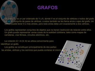 GRAFOS
Un grafo, G, es un par ordenado de V y A, donde V es el conjunto de vértices o nodos del grafo
y A es un conjunto de pares de vértices, a estos también se les llama arcos o ejes del grafo. Un
vértice puede tener 0 o más aristas, pero toda arista debe unir exactamente a dos vértices.
Los grafos representan conjuntos de objetos que no tienen restricción de relación entre ellos.
Un grafo puede representar varias cosas de la realidad cotidiana, tales como mapas de
carreteras, vías férreas, circuitos eléctricos, etc.
La notación G = A (V, A) se utiliza comúnmente para
identificar un grafo.
Los grafos se constituyen principalmente de dos partes:
las aristas, vértices y los caminos que pueda contener el mismo grafo.
 