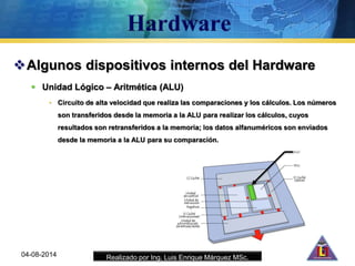 Realizado por Ing. Luis Enrique Márquez MSc.
Algunos dispositivos internos del Hardware
 Unidad Lógico – Aritmética (ALU)
• Circuito de alta velocidad que realiza las comparaciones y los cálculos. Los números
son transferidos desde la memoria a la ALU para realizar los cálculos, cuyos
resultados son retransferidos a la memoria; los datos alfanuméricos son enviados
desde la memoria a la ALU para su comparación.
04-08-2014
 