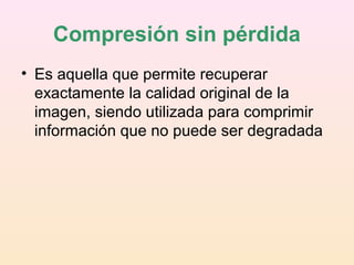 Compresión sin pérdida
• Es aquella que permite recuperar
exactamente la calidad original de la
imagen, siendo utilizada para comprimir
información que no puede ser degradada
 