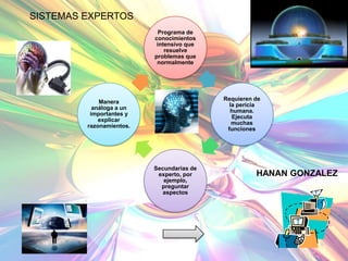 SISTEMAS EXPERTOS
                            Programa de
                          conocimientos
                           intensivo que
                              resuelve
                          problemas que
                           normalmente




                                           Requieren de
             Manera
                                             la pericia
           análoga a un
                                             humana.
          importantes y
                                              Ejecuta
             explicar
                                              muchas
         razonamientos.
                                            funciones




                          Secundarias de
                           experto, por              HANAN GONZALEZ
                             ejemplo,
                            preguntar
                             aspectos
 