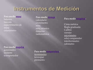 Instrumentos de MediciónPara medir masa:balanzabásculaespectrómetro de masacatarómetroPara medir tiempo:calendariocronómetrorelojreloj atómicodatación radiométricaPara medir longitud:Cinta métricaRegla graduadaCalibreverniermicrómetroreloj comparadorinterferómetroodómetroPara medir ángulos:goniómetrosextantetransportadorPara medir temperatura:termómetrotermoparpirómetro