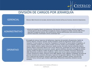 DIVISIÓN DE CARGOS POR JERARQUÍA
  GERENCIAL      •Director A&B, Dirección de mercadeo, Gerente General, Gerente de Recursos Humanos, Gerente de Operaciones.




                  •Director de recepción, Director de habitaciones, Chef ejecutivo, Director de eventos, Ejecutivo mercadeo,
                   Contralor general, Jefe de contabilidad, Encargado de compras, Encargado de créditos, Contralor A&B, Jefe de
ADMINISTRATIVO     seguridad, Encargado de sistemas, Jefe mantenimiento, Asistente administrativo, Jefe control de reservas,
                   Gerente restaurante, Coordinadora cultural, Coordinador Gym




                 •Encargado de reservas, Supervisor de habitaciones, Supervisor de lavandería, Recepcionista, Capitán de
                  botones, Botones, Camarera, Aseador, Auxiliar lavandería, Auxiliar de alojamiento, Auxiliar reservas y
                  recepción, 1º cocina caliente, 1º cocina fría, 1º pastelería, 1º carnicería, 2º cocina caliente, 2º pastelería, 2º
                  cocina empleados, Auxiliar cocina caliente, Auxiliar cocina fría, Auxiliar cocina empleados, Capitán room
                  service, Capitán cafetería, Capitán restaurante, Capitán eventos, Sommelier, Barman ambientes, Mesero
                  cafetería, Mesero restaurante, Mesero room service, Mesero bar, coordinador de eventos, Jefe de steward,
                  Houseman, Steward, Supervisor de servicio, aseador, operario telefónico, Secretaria, Encargado de nómina,
  OPERATIVO       Tesorero, Auditor de ingresos, Auditor de egresos, Auditor nocturno, Recibidor mercancías, Almacenista
                  A&B, Almacenista suministros, Cajeros ambientes, cajeros room service, Cajeros recepción, Asistente de
                  compras, Asistente de créditos, Asistente control A&B, Digitador costos, Digitador contabilidad, Secretaria de
                  gerencia, Secretaria de contraloría, Mensajero, Supervisor de seguridad, Vigilante, Técnico, Mecánico de
                  turno, Supervisora de minibares, Costurera, Supervisor panadería, Panadero, Hostess, Instructor Spa,
                  Instructor Tennis, Instructor gym, Analista redes sociales, Relacionista corporativa, Asistente recursos
                  humanos,



                                Estudio Laboral de Hoteles Afiliados a
                                                                                                                                  18
                                             COTELCO
 