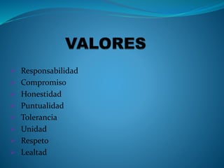  Responsabilidad
 Compromiso
 Honestidad
 Puntualidad
 Tolerancia
 Unidad
 Respeto
 Lealtad
 