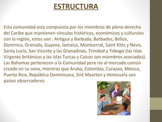 ESTRUCTURA

Esta comunidad esta compuesta por los miembros de pleno derecho
del Caribe que mantienen vínculos históricos, económicos y culturales
con la región, estos son : Antigua y Barbuda, Barbados, Belice,
Dominica, Granada, Guyana, Jamaica, Montserrat, Saint Kitts y Nevis,
Santa Lucía, San Vicente y las Granadinas, Trinidad y Tobago (las Islas
Vírgenes británicas y las Islas Turcas y Caicos son miembros asociados).
Las Bahamas pertenecen a la Comunidad pero no al mercado común
creado en su seno, mientras que Aruba, Colombia, Curazao, México,
Puerto Rico, República Dominicana, Sint Maarten y Venezuela son
países observadores.
 