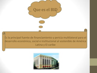 Que es el BID




Es la principal fuente de financiamiento y pericia multilateral para el
desarrollo económica, social e institucional al sostenible de América
                            Latina y El caribe
 