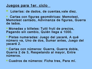 Juegos para 1er. ciclo


Loterías: de dados, de cuentas,vale diez.

Cartas con figuras geométricas: Memotest,
Memotest cantado, Adivinanza de figuras, Guerra
de lados.


Monedas y billetes: Tutti fruti de precios,
Pagando sin cambio, Quién llega a 1000.


Pistas numeradas: Juego del yacaré, A qué
número va, Uno de dos, Sumar antes, Juego del
yacaré 2.


Cartas con números: Guerra, Guerra doble,
Guerra 2 de 3, Respetando al mayor, Entre
números.




Cuadros de números: Ficha tres, Para mí.

 
