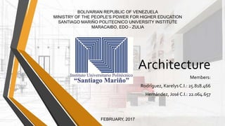 Architecture
Members:
Rodríguez, Karelys C.I.: 25.818.466
Hernández, José C.I.: 22.064.657
BOLIVARIAN REPUBLIC OF VENEZUELA
MINISTRY OF THE PEOPLE'S POWER FOR HIGHER EDUCATION
SANTIAGO MARIÑO POLITECNICO UNIVERSITY INSTITUTE
MARACAIBO, EDO - ZULIA
FEBRUARY, 2017
 