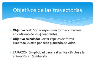 Objetivos de las trayectorias


Objetivo real: Cortar espejos en formas circulares
en cada uno de los 4 cuadrantes
Objetivo calculado: Cortar espejos de forma
cuadrada, cuatro por cada planchón de vidrio

LA RAZÓN: Simplicidad para realizar los cálculos y la
animación en Solidworks
 